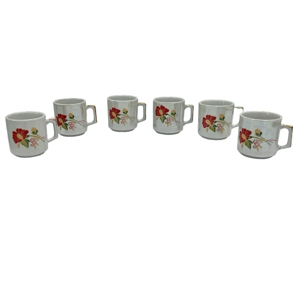VINTAGE WAHBEH OF CHINA RED FLORAL LUSTERWARE CUPS & SAUCERS - SET OF 6